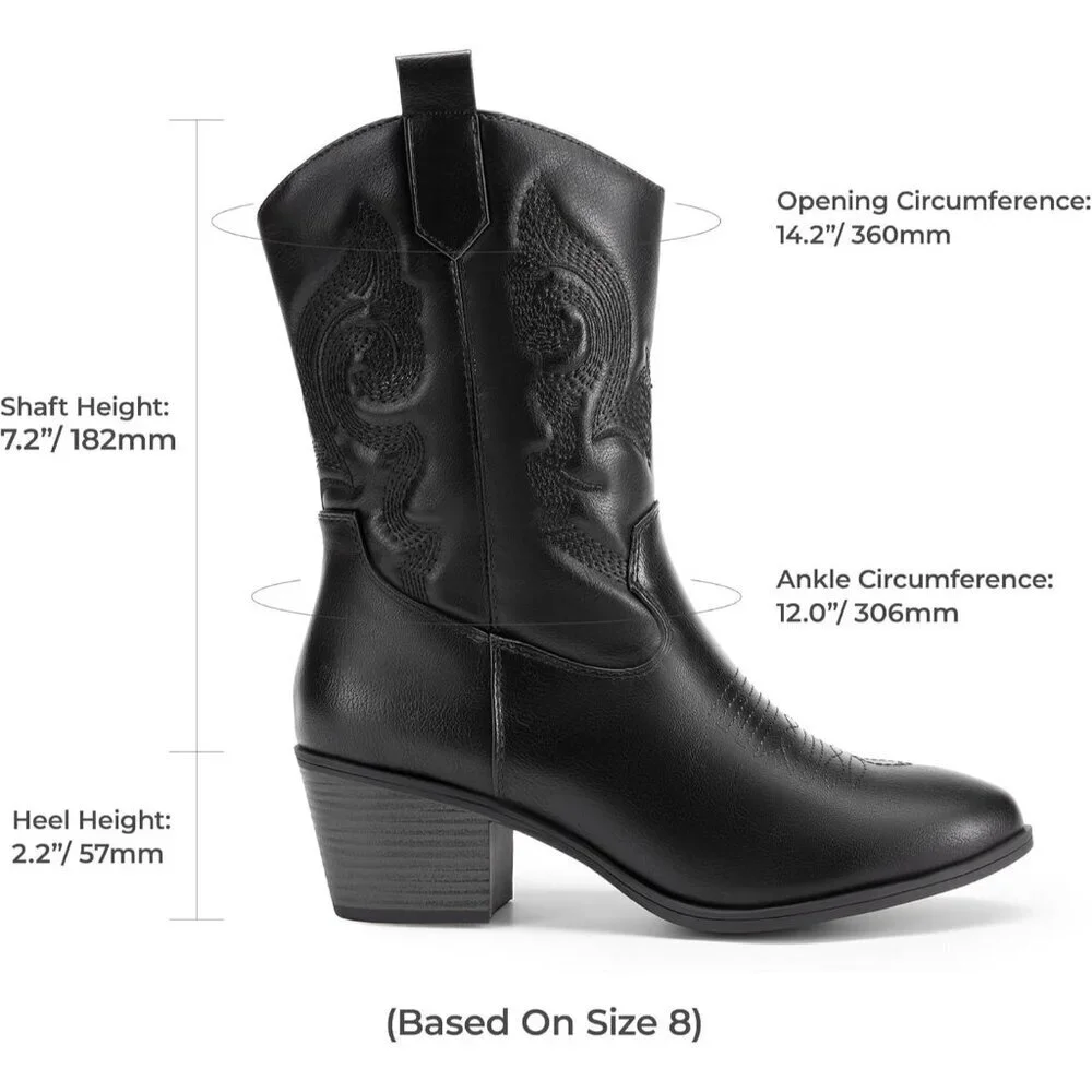 🆕Women All Black Suede leather Embroidered Country Heel Pointed Toe Boot